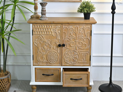 Accent Flower Carved Door Sideboard Cabinet With 2 Drawers For Kitchen - Natural Wood Wash / White