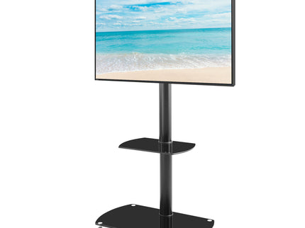 Height And Angle Adjustable Multi-Function Tempered Glass Metal Frame Floor With Lockable Wheels Mobile TV Stand, Lcd / Plasma TV Bracket 2 Tier Tempered Glass Shelves For Multiple Media Devices - Black
