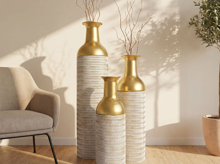 Decorative Tall Floor Vases For Home Decor (Set of 3) - White / Gold
