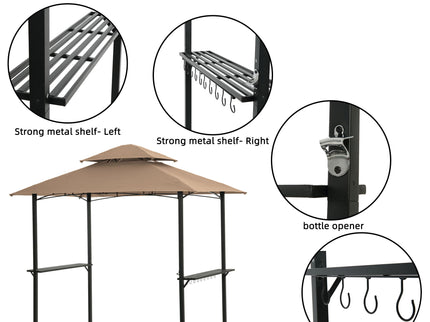 Outdoor Grill Gazebo With Double Tier Soft Top Canopy, Steel Frame, Bar Counters & Hook