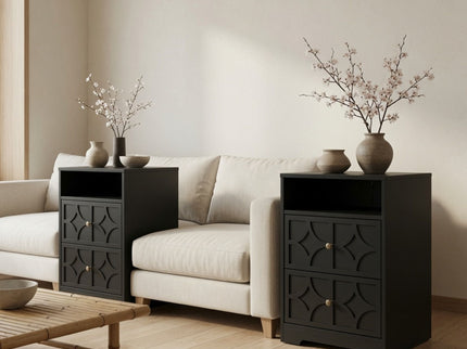 Nightstand With Diamond Carvings Handles, 2 Drawers & Charging Station