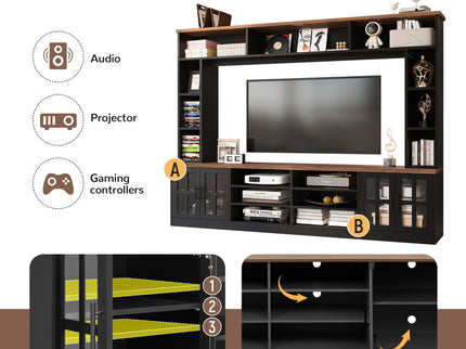 Wall Unit Entertainment Center With Bookshelves For TVs Up To 80", Tempered Glass Doors And Adjustable Shelves