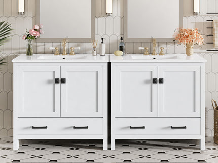 Bathroom Vanity With Sink, Soft Close Doors, Double Storage Shelves & Divided Drawer Ample Storage - White