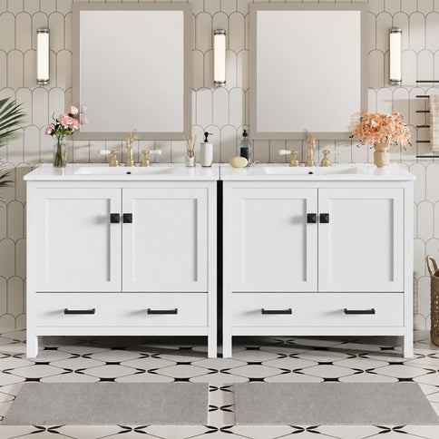Bathroom Vanity With Sink, Soft Close Doors, Double Storage Shelves & Divided Drawer Ample Storage - White