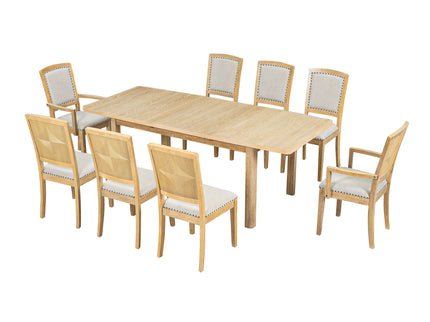 Topmax - Rustic Extendable Dining Table Set With Removable Leaf, 6 Upholstered Armless Dining Chairs And 2 Padded Arm Chairs, 9 Pieces