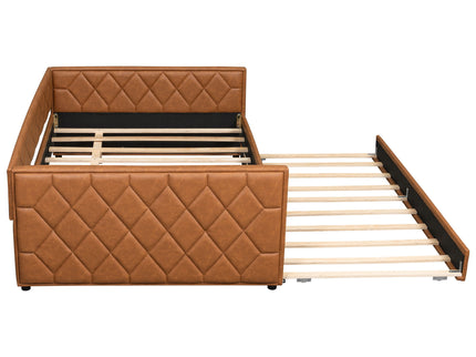 Upholstered Full Long Daybed With Trundle And LED Armrests - Brown