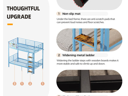 Bunk Bed, Convertible To 2 Separate Twin Size Beds & Full Length Guardrail & Ladder, No Box Spring Needed - Blue