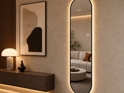 Capsule Shaped Dimmable LED Full Length Wall Mirror With Frame - Silver