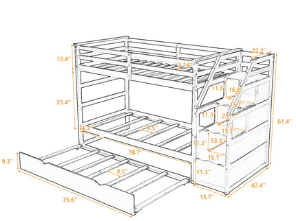 Twin Over Twin Bunk Bed With Twin Size Trundle And 3 Storage Stairs - Espresso