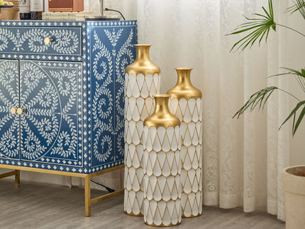 Floor Metal Vase Modern Style Decoration Home Droplet Shaped Metal Vase 3 Piece Set Gorgeous Home Decoration Large Glazed Metal Vase - Gold / White