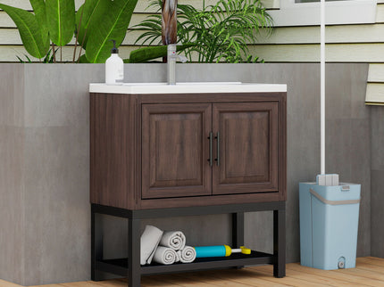 Modern Freestanding Bathroom Vanity With Ceramic Sink, Hot And Cold Faucet, Storage Cabinet & Open Shelf