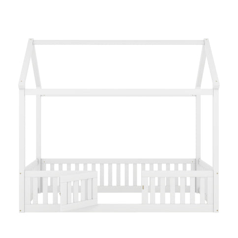 Wood House Bed With Fence And Door