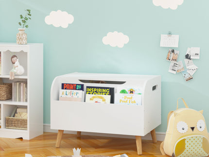 Toy Box With Front Bookshelf, Flip Top Lid, Safety Hinge For Kids Room Organization - White