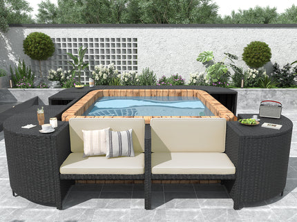 Spa Surround Spa Frame Quadrilateral Outdoor Rattan Sectional Sofa Set With Mini Sofa, Wooden Seats And Storage Spaces