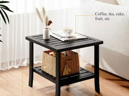 Square 2 Tier All-Weather Outdoor Side Table With Slatted Top