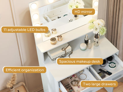 Vanity Desk With Mirror And Lights, Dressing Table With Large Drawer, 2 Level Storage Dresser & 3 Lighting Modes Adjustable Brightness, Suitable For Bedroom
