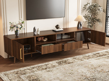 78" TV Stand For 85" TVs With Fluted Doors, Open Shelf, Cable Management - Walnut