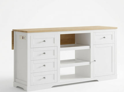 Drop Leaf Kitchen Island With Storage, Power Outlet & Pet Bowl Drawer - White / Light Oak