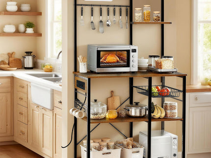 Bakers Rack With Power Outlet, Coffee Bar With S-Shaped Hooks, Kitchen Shelf With Wire Basket - Black / Brown