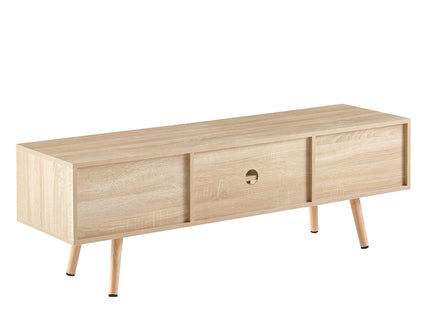 55.12" Rattan TV Cabinet, Double Sliding Doors For Storage, Adjustable Shelf, Solid Wood Legs, TV Console For Living Room