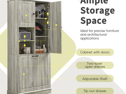 Modern Tall Storage Cabinet With Adjustable Shelves, Flip-Out Basket & Enclosed Doors