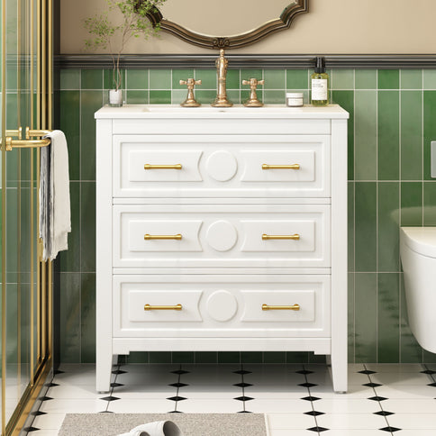 Retro Bathroom Vanity With Sink Combo, Free Standing Single Set With 3 Drawers