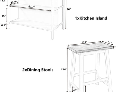 Rustic 3 Piece Stationary Kitchen Island Set With 2 Seatings, With 2 Open Shelves