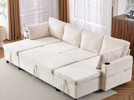 Sectional Sofa Bed With Pull Out Sleeper, USB Ports, Cup Holders