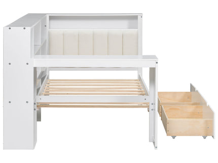 Platform Bed With Upholstered Headboard, Storage Shelves, Drawers, Charging Station, LED Lighting, Built In Desk