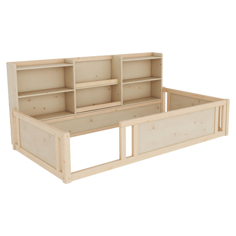 Platform Floor Bed With Guardrail Fence And Side Storage Shelves