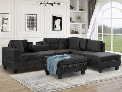 Modern Sectional Sofa With Storage Ottoman, L - Shape Couch With 2 Pillows And Cup Holders