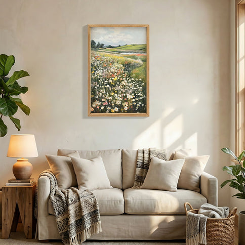 Framed Canvas Prints Art Vintage Decor, Classical Wildflower Field Meadow Flowers Painting - Green / Ivory