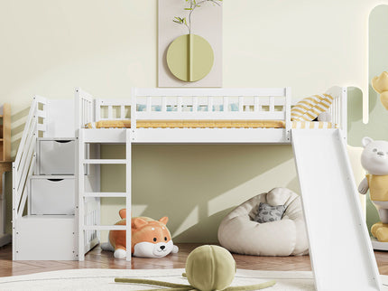 Loft Stairway Bed With 2 Drawers, Convertible Ladder And Slide