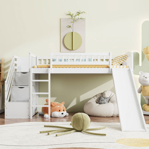 Loft Stairway Bed With 2 Drawers, Convertible Ladder And Slide