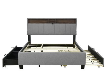 Upholstered Platform Bed With Storage Headboard, Trundle & 2 Drawers And A Set Of Sockets & USB Ports