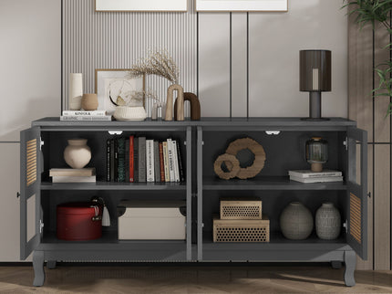 Retro Industrial 4 Door Sideboard With Large Storage, Rattan And Glass Doors