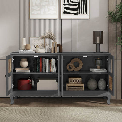 Retro Industrial 4 Door Sideboard With Large Storage, Rattan And Glass Doors