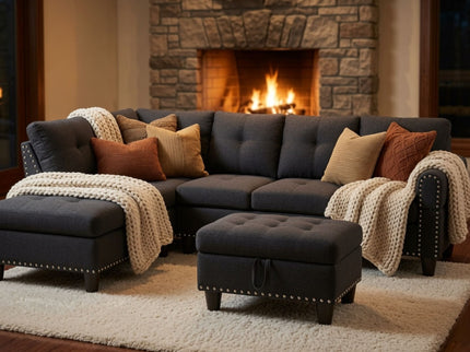 L - Shaped 3 Piece Sectional Sofa With Chaise, Storage Ottoman & Cup Holders
