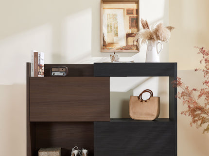 Modern Extendable & Rotating Cabinet With Drawer And Flip Doors For Versatile Storage - Black / Dark Walnut