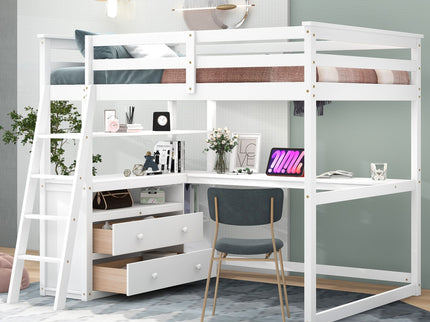 Modern Loft Bed With Built In Desk, Shelves, And 2 Drawers
