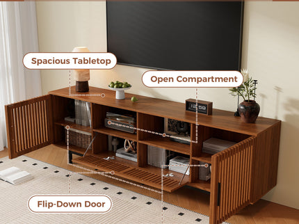 TV Stand, Entertainment Center With Slatted Doors, Cable Management, Soft Closing Hinges - Walnut