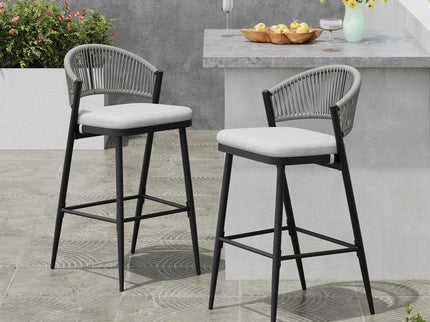 Outdoor Bar Height Metal Frame Counter Stools With Scallop Shaped Backrest & Water Resistant Cushions