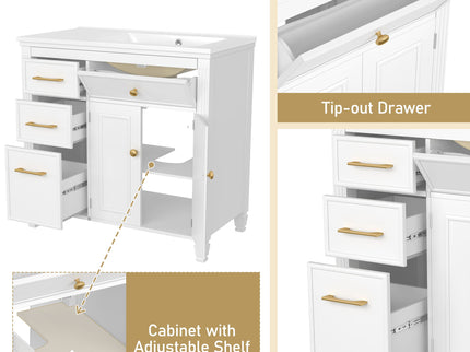 Modern Bathroom Vanity With Ceramic Sink, Freestanding, One Tip Out Drawer, 3 Side Drawers, Adjustable Shelf