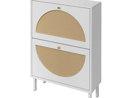 2 Door Shoe Rack, Rattan, Double Layer, Suitable For Living Room, Hallway - White