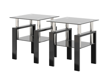 Modern Tempered Glass Tea Table, End Square Table For Living Room (Set of 2) - Black