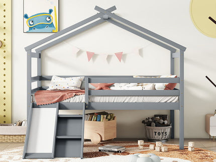 Low Loft House Bed With Slide, Ladder, Safety Guardrails, House Roof Frame
