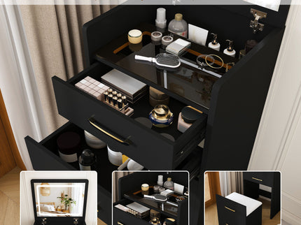 3 In 1 Vanity Desk With Open Top Mirror, Glass Desktop Makeup Set With 3 Drawers, Compact Dressing Table For Bedroom - Black