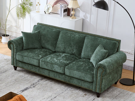 3 Seater Sofa With Tufted Upholstery, Rolled Arms, Nailhead Trim