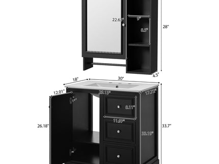 Bathroom Vanity With Sink, Modern Elegant Bathroom Storage Cabinet With 3 Drawers And Adjustable Shelves, Freestanding Vanity Set With Mirror Cabinet, Single Sink Bathroom Vanity