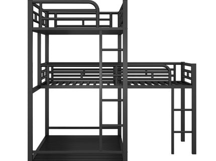L-Shaped Triple Twin Size Bunk Bed, Industrial Design With Integrated Ladder And Full Length Guardrails - Black